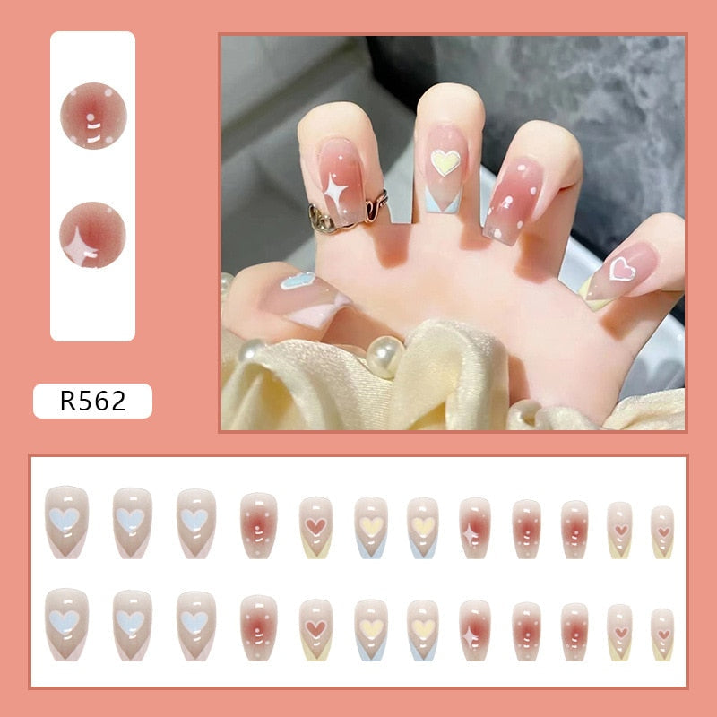 24pcs French Fake Nails Short Art Nail Tips Press Stick on False with Designs Full Cover Artificial Pink Wearable Clear Tips