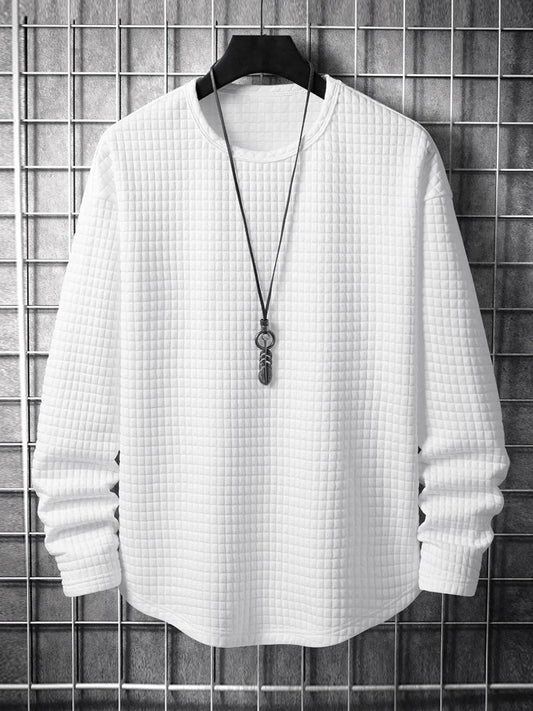 maoxiangshop Men's Long Sleeves T-shirt Minimalist Checkered Jacquard Textured Round Neck Tees Solid Streetwear Loose Tops Z5104682