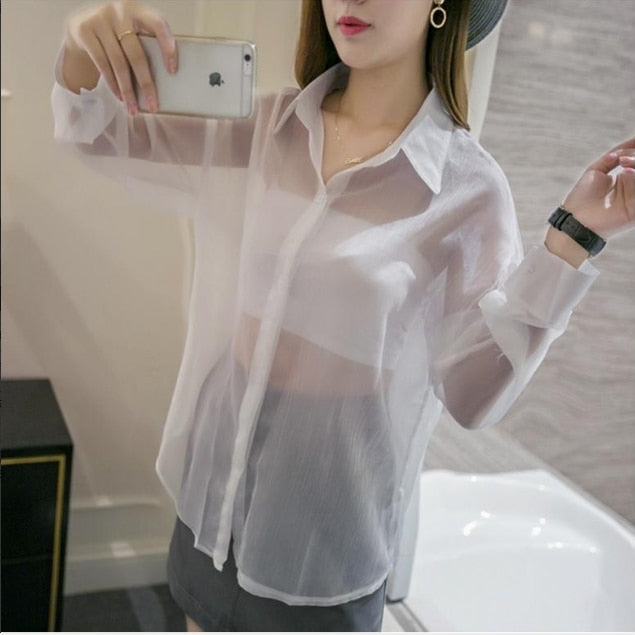 maoxiangshop Spring Chiffon Transparent Shirt Women's Long Sleeve See-through Blusas Ropa De Mujer Summer Sun-proof Zipper Coats Jacket