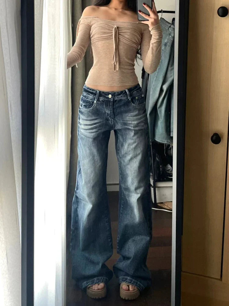 Y2k Vintage Wide Leg Jeans for Women Washed Casual High Waist Loose Denim Pants Streetwear Korean Straight Trousers