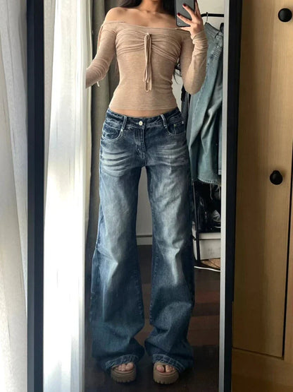 Y2k Vintage Wide Leg Jeans for Women Washed Casual High Waist Loose Denim Pants Streetwear Korean Straight Trousers