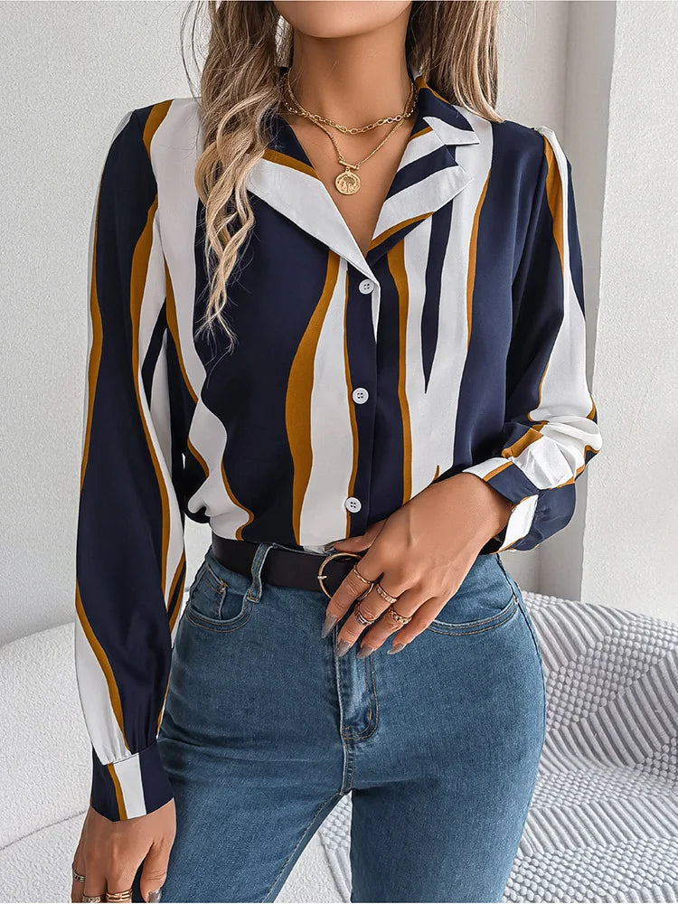 maoxiangshop Elegant Striped Women's Shirt Autumn Puff Long Sleeve Tops Youth Black Shirts & Blouses Casual Button Blouse New Collection