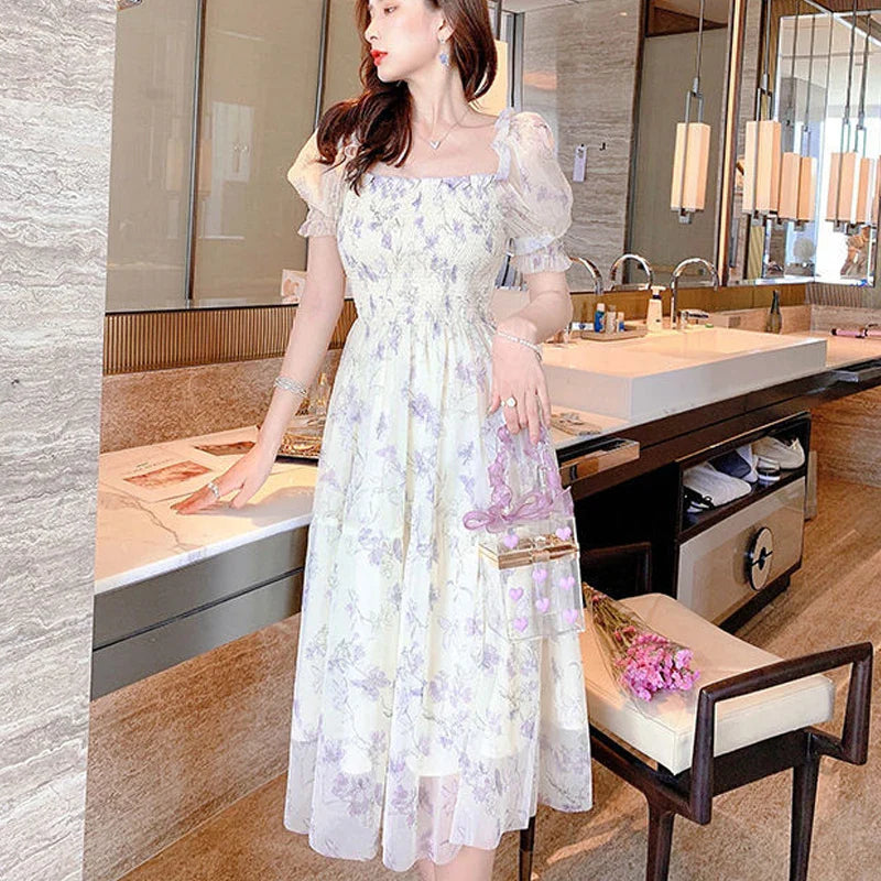 maoxiangshop Summer White Chiffon Long Dress Casual Floral Party Dress Elegant Short Sleeve Fairy Dresses for Women Sweet Clothing