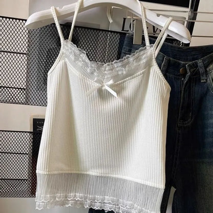 maoxiangshop White Lace Bow Tank Top Female Corset Women Halter Strap Basic Cute Female Sleeveless Mesh Shirt Korean Style Trend 2024 Summer