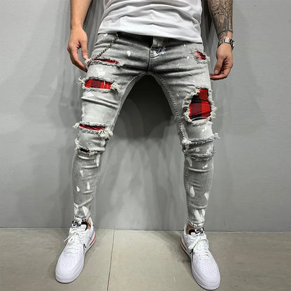 maoxiangshop Men Jeans Knee Hole Ripped Stretch Skinny Denim Pants Solid Color Black Blue Autumn Summer Hip-Hop Style Slim Fit Trousers S-4XL