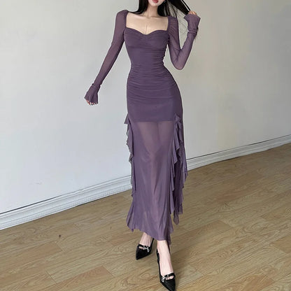 maoxiangshop-Winter Party Queen Purple Mature Sexy Beautiful Confident Elegant Graceful Women'S Translucent Thin Straight Dress