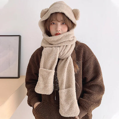 maoxiangshop Cute Bear Ear Hat Scarf Set Kawaii Women Winter Beanies Caps Warm Casual Plush Hat Casual Female Keep Wammer Anime Gift