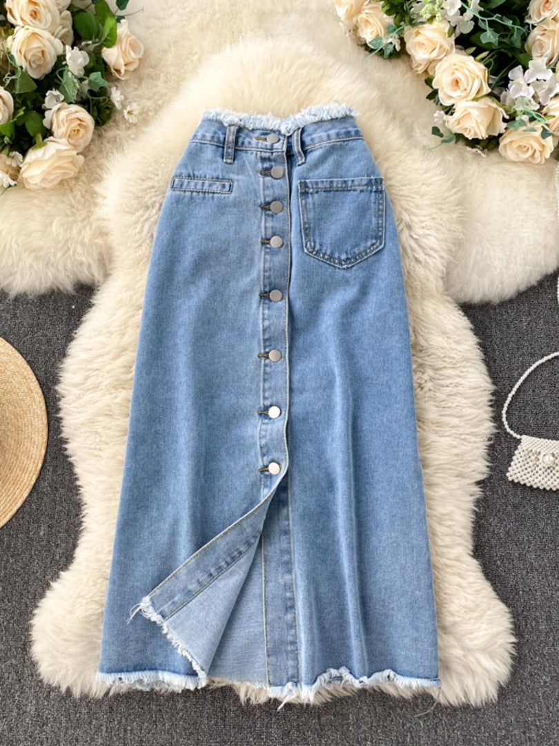 maoxiangshop Long Denim Skirt for Women maoxiangshop Korean Fashion Vintage Tassels High Waist Single Breasted A-line Jeans Skirt with Pockets