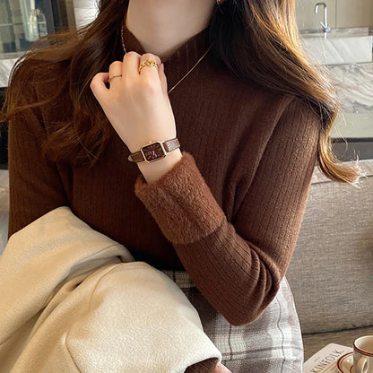 maoxiangshop Women Velvet Thicken Warm Sweaters Semi Turtleneck Knit Thermal Pullovers Solid Ribbed Sweater Women 2024 Fall and Winter