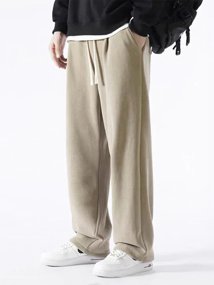 maoxiangshop Winter Thick Fleece Warm Sweatpants Men Streetwear Wide-Leg Straight Loose Track Pants Male Casual Thermal Velvet Trousers