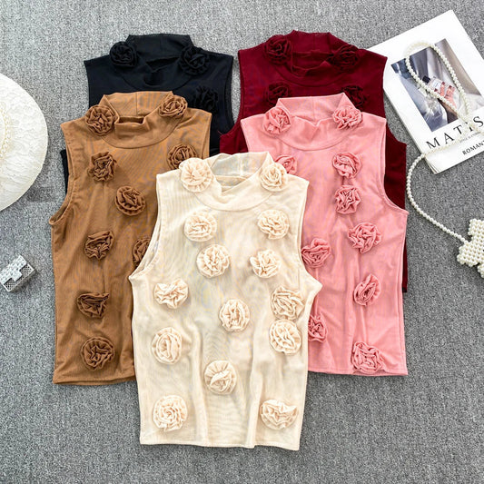 maoxiangshop American Chic Tank Top Women 3D Floral Mesh Sheer Stand Collar Sleeveless Female Crop Tops Streetwear Hot Camisole