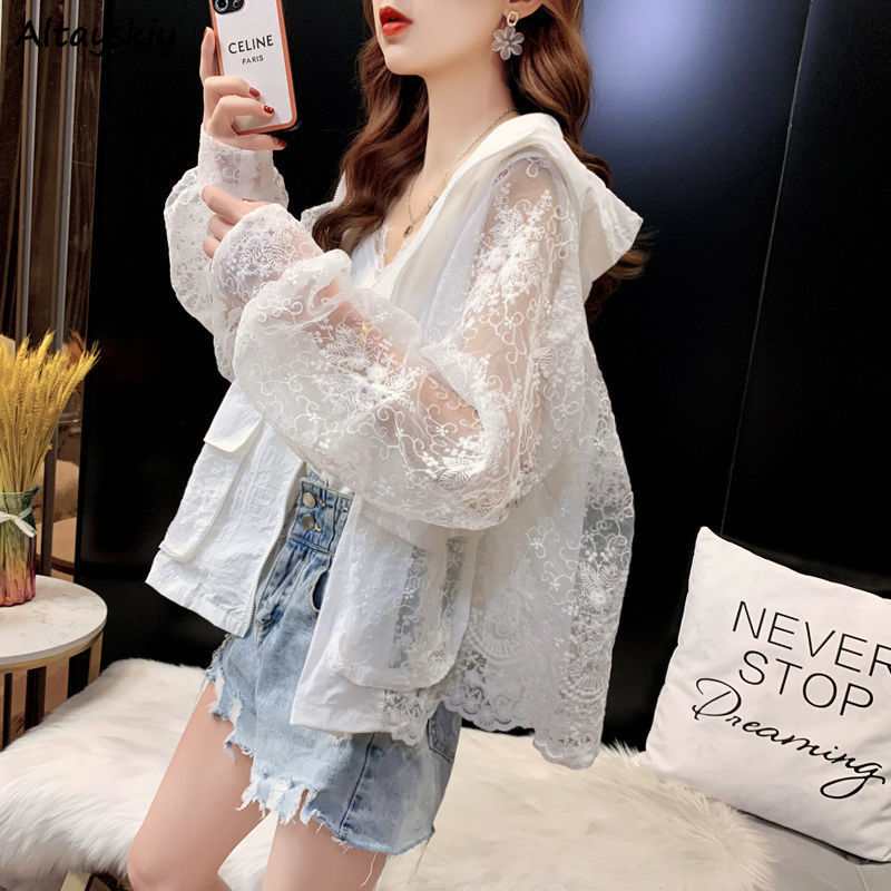 maoxiangshop Basic Jackets Women Lace Hollow Out Elegant Sun-proof Summer Vacation Simple All-match Mujer Loose Leisure Thin Korean Fashion