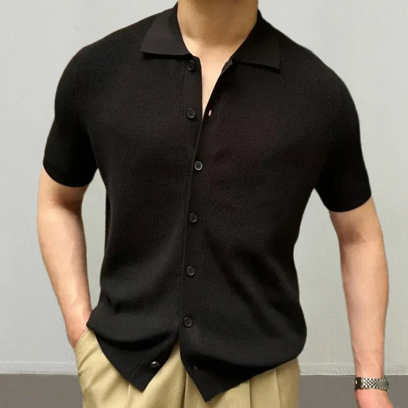 maoxiangshop Leisure Knitting Mens Shirt Short Sleeve Button Turn-down Collar Houndstooth Knit Tops Beach Men Summer Casual Solid Color Tops