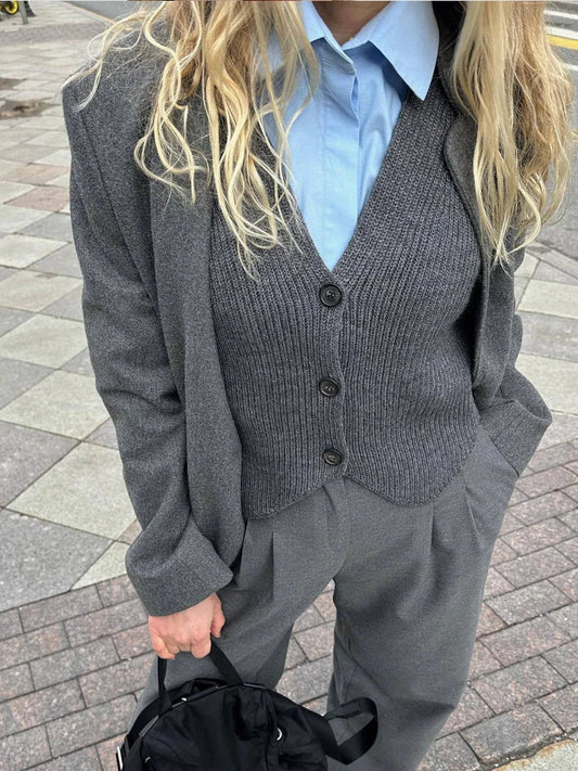 maoxiangshop  -  Basic Knitwear Sweater Vest Grey Sleeveless Button Up V-neck Jumpers Office Ladies England Style Autumn Winter Tops Chic