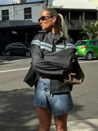 maoxiangshop  -  Women Fashion Contrasting Zipper Jacket Chic O Neck Long Sleeves Casual Loose Coats 2024 New Autumn Lady Warm Street Outerwear
