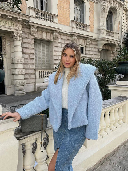 maoxiangshop -  Lapel Collar Long Sleeve Plush Coat Women Elegant Thicken Warm Short Jacket Autumn Winter Lady Fashion Party Prom Outwears
