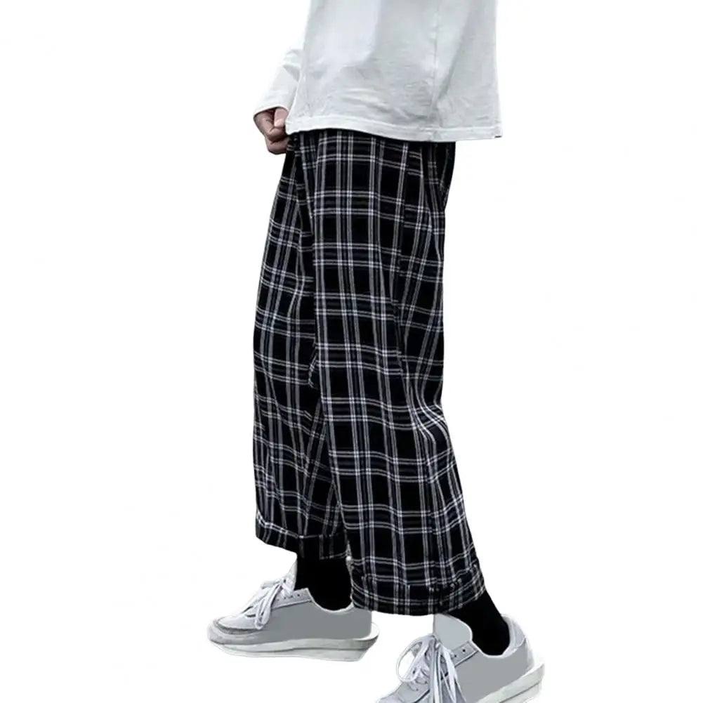 maoxiangshop Autumn Men Pants Plaid Streetwear Wide Leg Elastic Waist Loose Sports Pants Trousers Checkered Wide Leg Pants for Travel