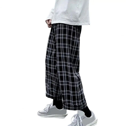 maoxiangshop Autumn Men Pants Plaid Streetwear Wide Leg Elastic Waist Loose Sports Pants Trousers Checkered Wide Leg Pants for Travel