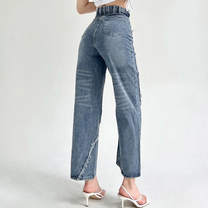 American Split Jeans Women Pink Bandage High Waist Irregular Spliced Denim Pants Zipper Fly Trousers Y2k Pantalon Femme LH22199