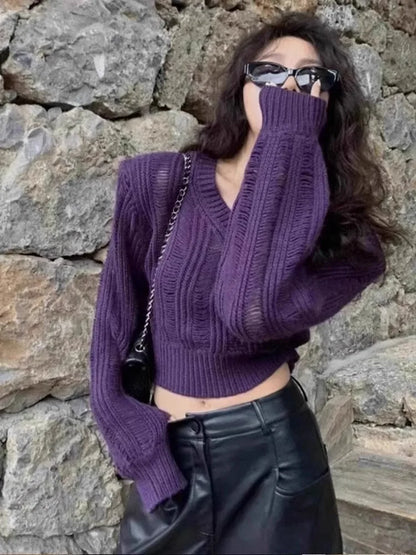 maoxiangshop  -  Unique Design Hollow V-Neck Sweater Women's Autumn And Winter Solid Color Versatile Slimming Knit Sweater