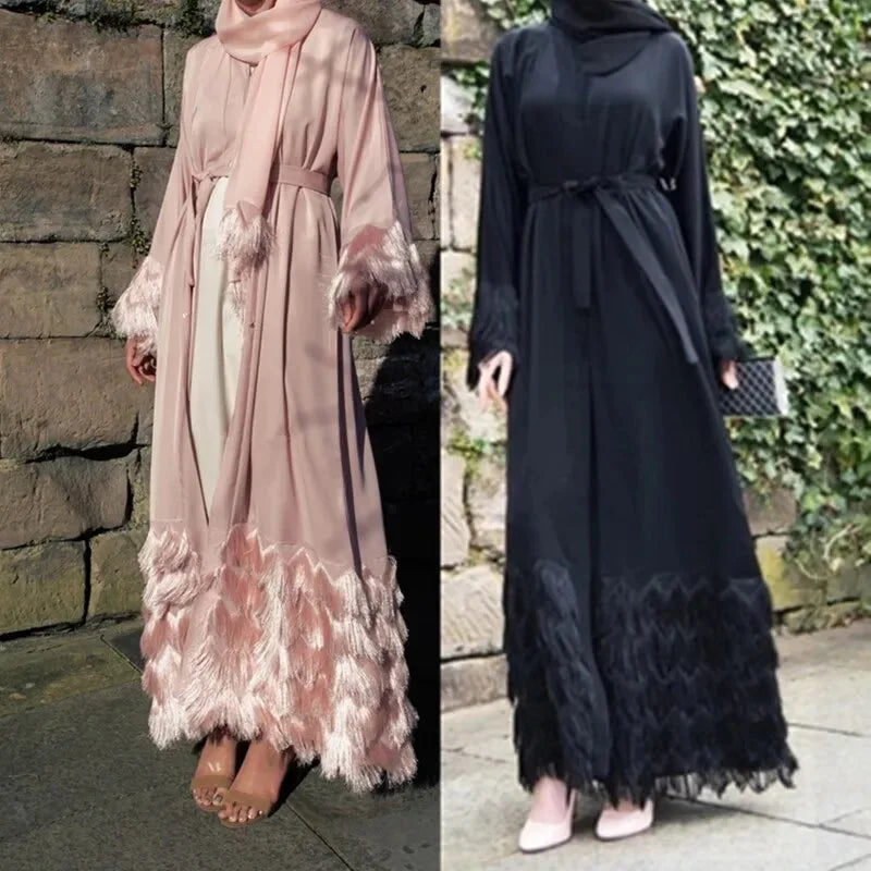 maoxiangshop-Elegant Thick Fluffy Lace Tassel Abaya Muslim Dress Full length Dubai Female Flare sleeve Islamic Dress wy1333 dropshiping