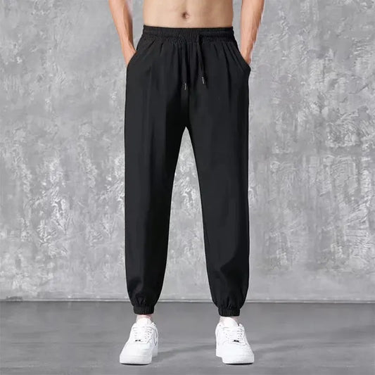 maoxiangshop Men's Summer Thin Ice Silk Quick Dry New Loose Sports Trend All Tie Feet Casual Pants Sweatpants 90s Vintage Clothes