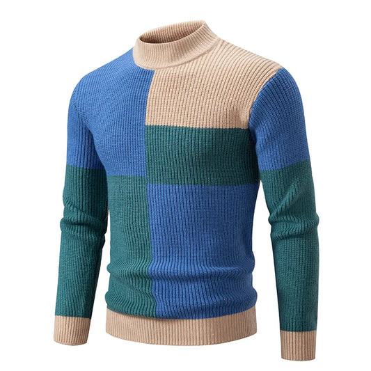 maoxiangshop Men’s Mock Neck Pullovers Youthful Vitality Fashion Patchwork Knitted Sweater Men Slim Casual Pullover Autumn Wintr Knitwear Man