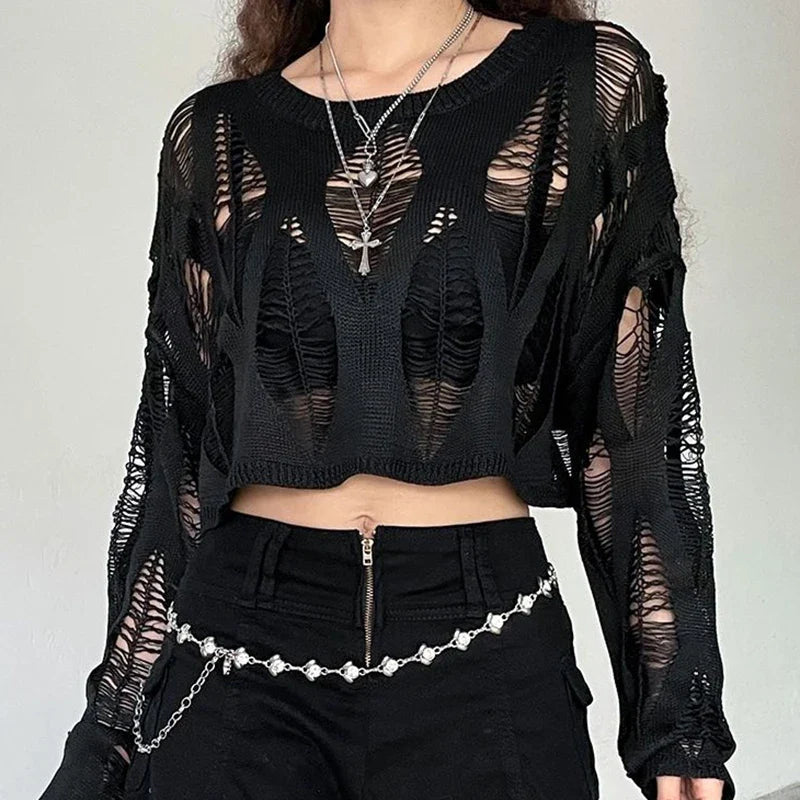 Women Hole Hollow Out Y2K T-shirts Batwing Sleeve Knitted Shirt For Women Loose Streetwear Tops Spring Autumn 2024