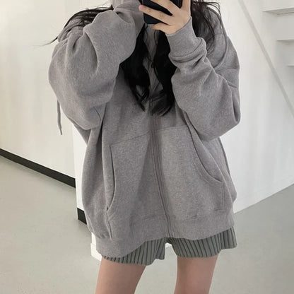 Women Hoodies Solid Color Zip Up Pocket Oversized Harajuku Korean Sweatshirts Female Long Sleeve Hooded Streetwear Casual Top