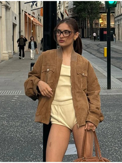 maoxiangshop  -  Women Patchwork Suede Jackets Long Sleeve Pocket Zipped Stand Coats 2024 Autumn Winter New Fashion Commuting Top Outerwears