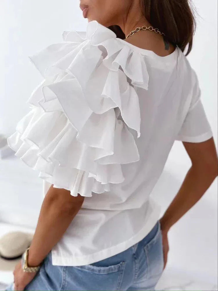 maoxiangshop Women Summer Ruffles Short Sleeve Loose T Shirt Chic Elegant Solid O Neck Tops Casual Simple All Match Tee Streetwear Blouse