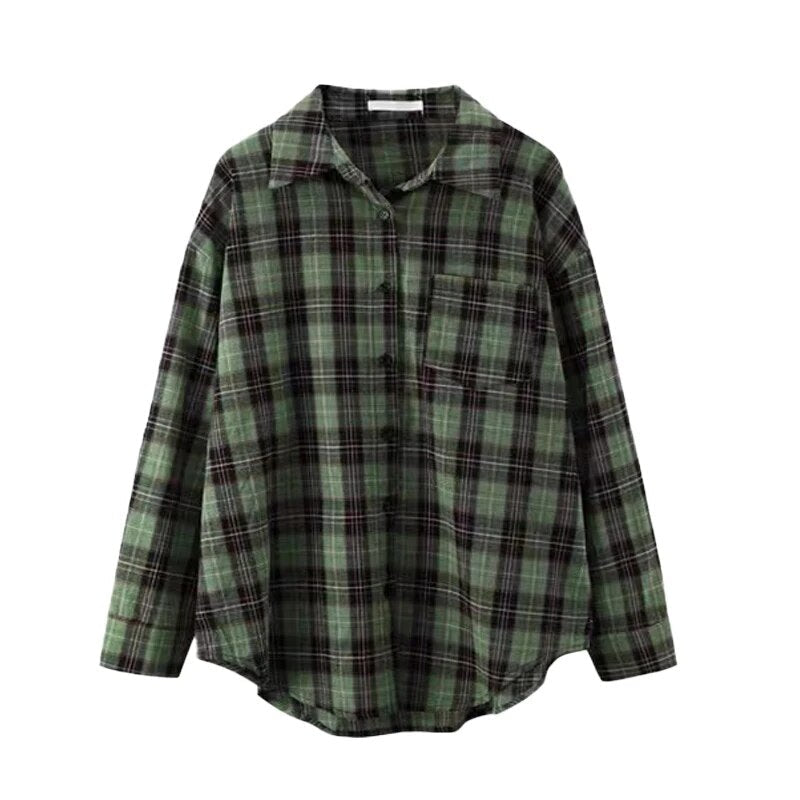 maoxiangshop Checkered Shirt Grunge Women's Oversized Green Long Sleeve Collared Button Up Plaid Shirt for Women