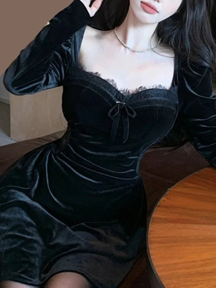 maoxiangshop DRESS TO IMPRESS Gothic Vintage Balck Long Sleeve Dress Women Fashion Velvet Midi Dress Female Korean Slim Even Party Elegant Lady Dresses