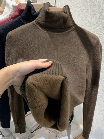 maoxiangshop Turtleneck Winter Sweater Women Elegant Thicken Velvet Lined Warm Sueter Knitted Pullover Slim Tops Jersey Knitwear Jumper New