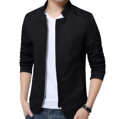 maoxiangshop Casual Men Blazer Spring Autumn Stylish Business Casual Jacket Solid Color Stand Collar Zipper Pockets Thin Slim Blazer Coat