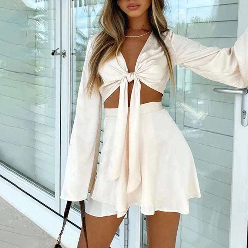 Y2k Satin Two Piece Set Women Autumn White Lantern Long Sleeve Crop Cardigan Tops Elegant  Suits Lace Up Wrap Sexy Mini Skirts