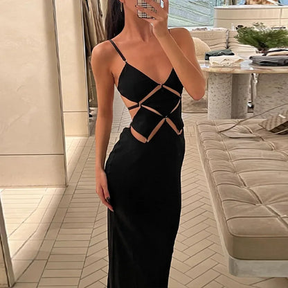 Elegant Black Hollow Out Slip Dress Sexy Summer Outfits for Women Sleeveless Backless Bodycon Maxi Evening Party Dresses