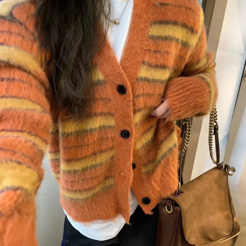 maoxiangshop Striped Cardigan Fuzzy Wuzzy Border Cardigan V-Neck Button Up Knitted Sweater Jacket Women Unisex Autumn Winter