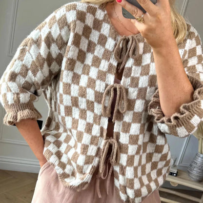 maoxiangshop  -  Women's Tie Front Knitted Cardigan New Style 2024 New Checkered Half Sleeve Sweater Casual Autumn Winter Cardigan Knitwear