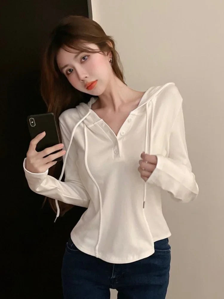 maoxiangshop Korean Style Slim Crop Hoodies Women Pullovers Kpop Solid Hooded Sweatshirt White Long Sleeve Tops Autumn Fashion