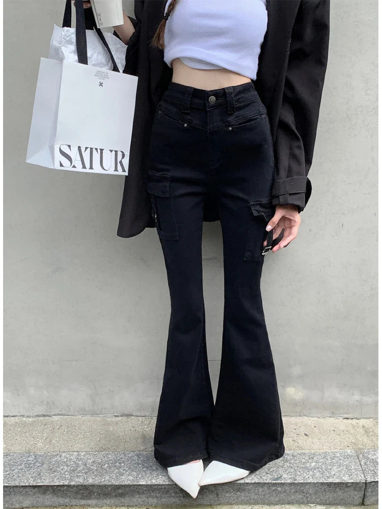 Women Japanese Streetwear Low Rise Flare Jeans 2000s Aesthetic Y2k Black Denim Pants Bell Bottom Gyaru Harajuku Fashion Vintage