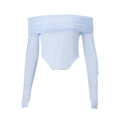 maoxiangshop -  Mesh Shirts For Women Sexy Off Shoulders Slim Crop Tops Hot Girls Fashion Splice Short Shirt Ladies Autumn Winter Clothes