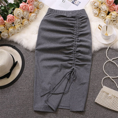 maoxiangshop Women Solid Drawstring Sheath Skirts Elastic High Waist Female Fashion Bodycon Irregular Midi Pencil Skirts