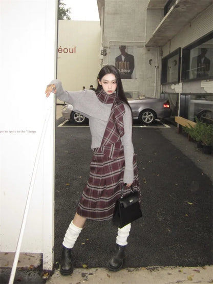 maoxiangshop  -  Retro Grey Set Women'S Autumn/Winter New Collection Stacked Collar Knitted Top With Checkered Half Skirt Two Piece Set