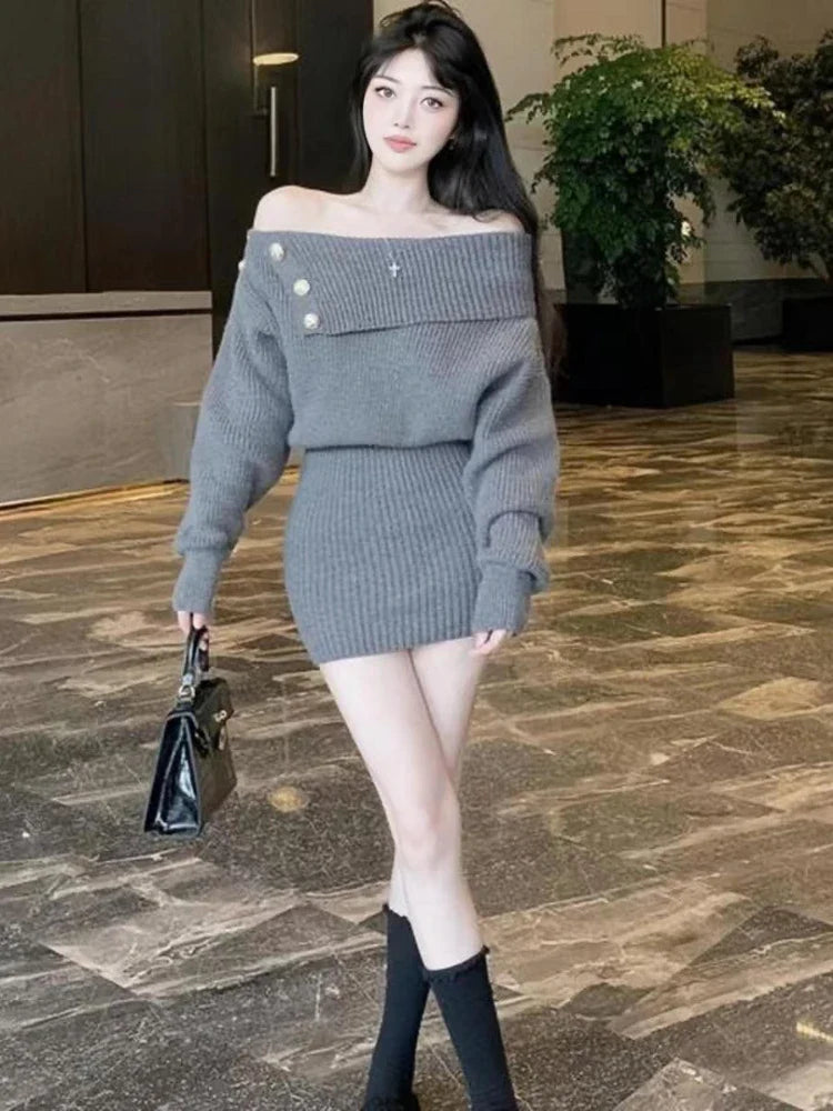 Korean Style Mini Knitted One Piece Dress Women Coquette Sexy Slash Neck Long Sleeve Grey Dresses Vintage Fall Vestidos