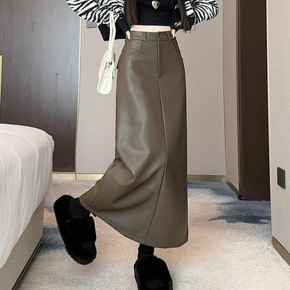 maoxiangshop Vintage Coffee Black Long Skirt for Women Casual Back Split Pu Leather Skirts Ladies Autumn Winter High Waist A-Line Skirt