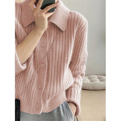 maoxiangshop Turn Down Knit Cardigan Women Autumn Winter Button Up Solid Color Sweater Coats Woman Long Sleeve Soft Cardigans Ladies