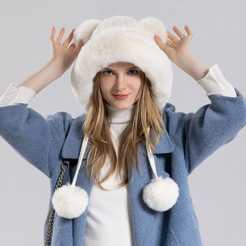 maoxiangshop  -  Winter Pompoms Hat for Women Plush Lining Thickened Warm Knit Beanies Bonnet Outdoor Windproof Ear Protection Skiing Woolen Caps