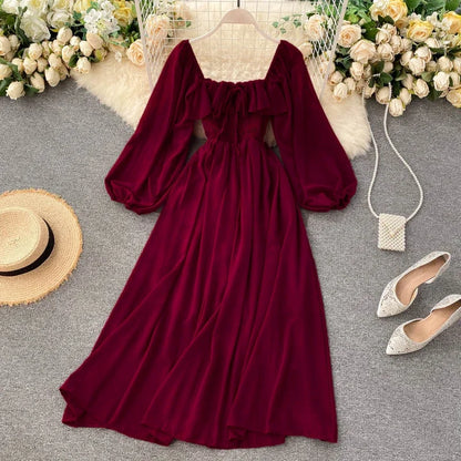 Woherb Chic Elegant Square Collar Maxi Dress Women Solid Chiffon Puff Sleeve Dresses 2024 Korean Fashion Vintage Ruffle Vestidos