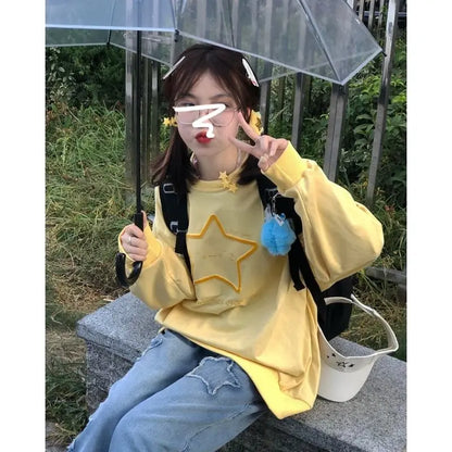 maoxiangshop Deeptown Harajuku Kawaii Star Graphic Sweatshirt Women Japanese Style Oversized Hoodies Vintage Loose Casual Y2K Tops Streetwear